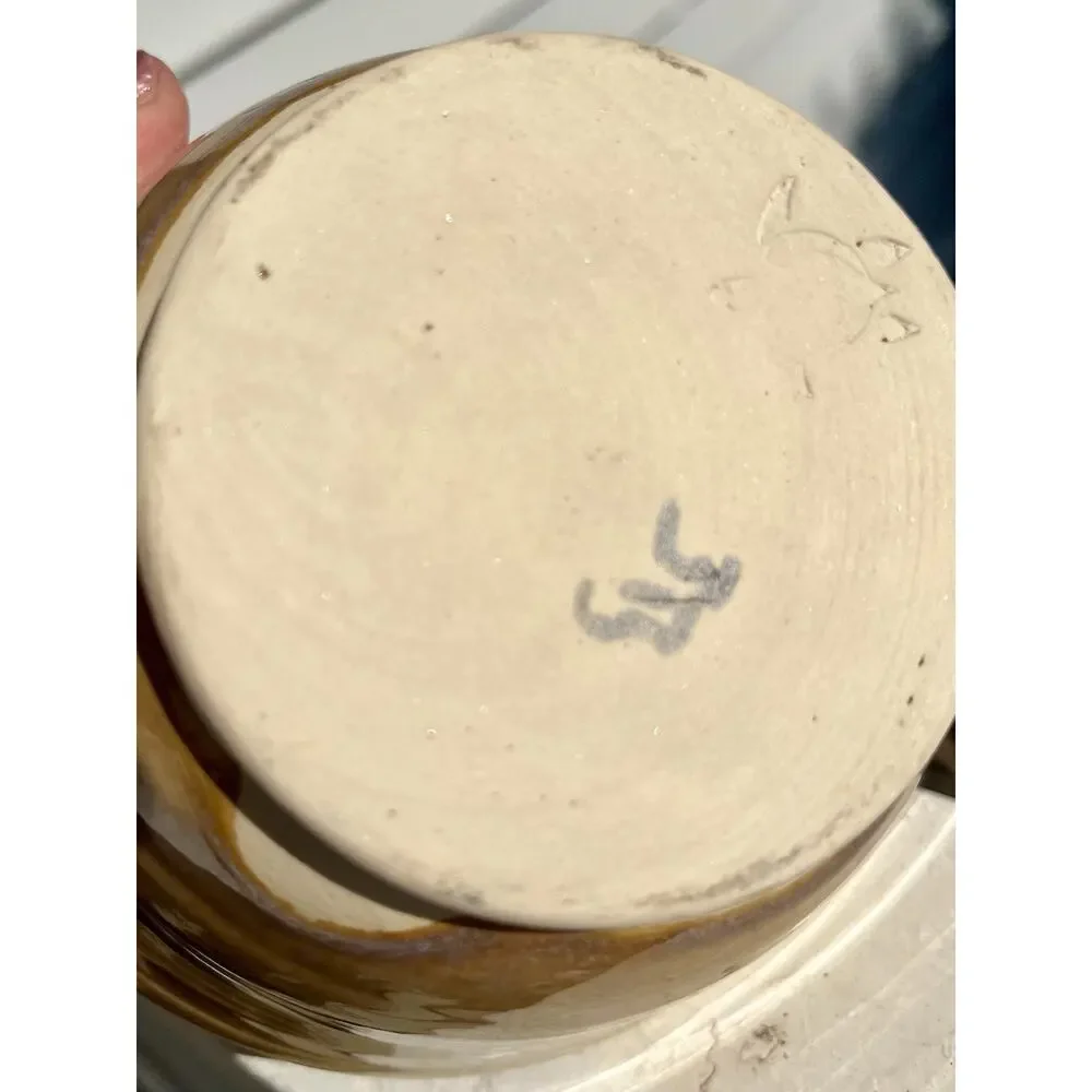 Freeform Pottery Bowl Handmade Earth Tones Drip Glaze Sea Turtle Stamp Mark